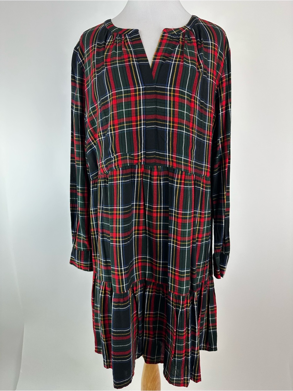 LOFT Black Red Plaid Split Neck Tiered Dress Size XL